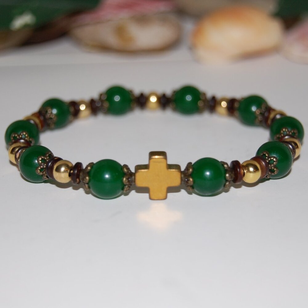 Cross Bracelet,Rosary Bracelet,Jade Bracelet,Cross Rosary Bracelet,Green Jade